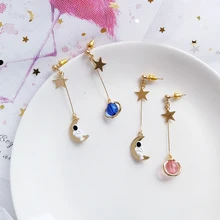 Милые длинные серьги-гвоздики с изображением героев мультфильмов, голубой и розовый цвета, звезды, Луны, планеты, космонавтов, космонавтов, вечерние ювелирные изделия для девочек, подарок