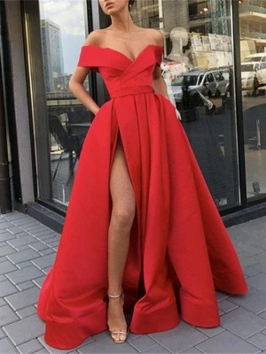 Элегантные атласные вечерние платья цвета шампанского с открытыми плечами, сексуальное платье макси с высоким разрезом, вечерние платья для выпускного вечера, vestido fiesta - Цвет: Красный