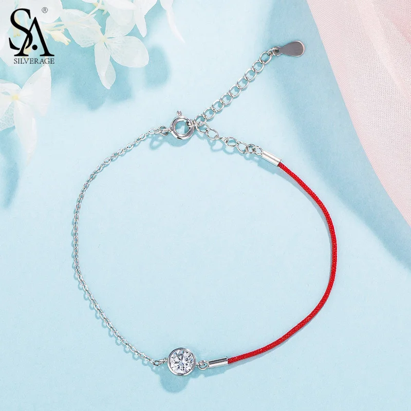 SA SILVERAGE 925 Sterling Silver Red Charm Bracelets & Bangles for Women Fine Jewelry Silver Chain Link Bracelet Pulseiras