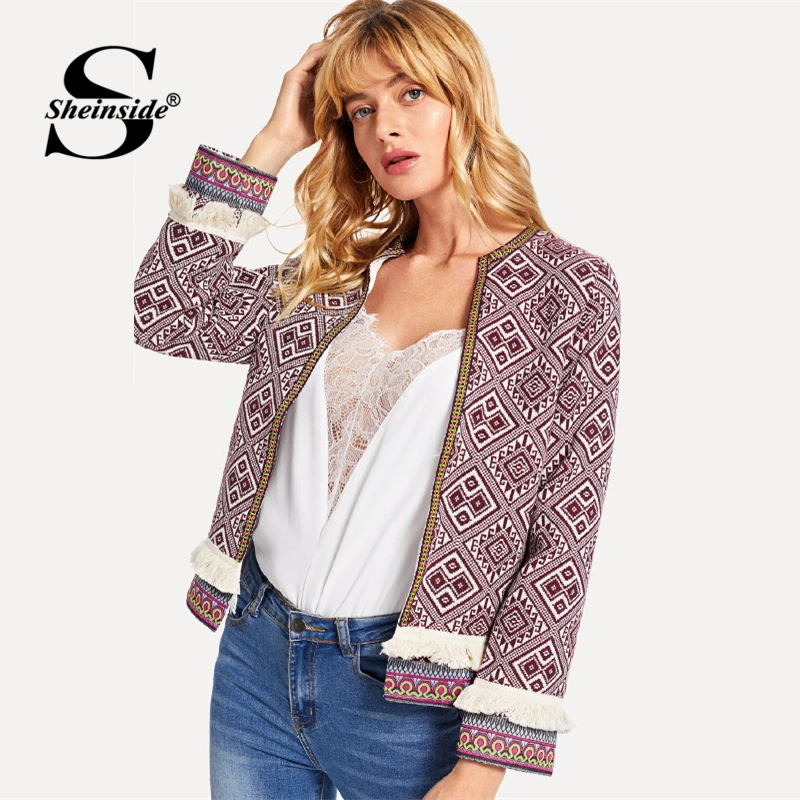 Sheinside Burgundy Fringe Trim Tribal Jacket With Embroidered Tape