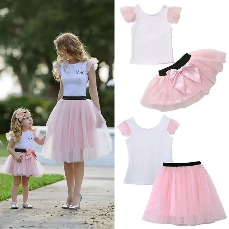 2017 Super Cute Mom Girls Summer Casual Clothing Set T-shirt Skirt Tulle Dress Matching Outfits Family Set
