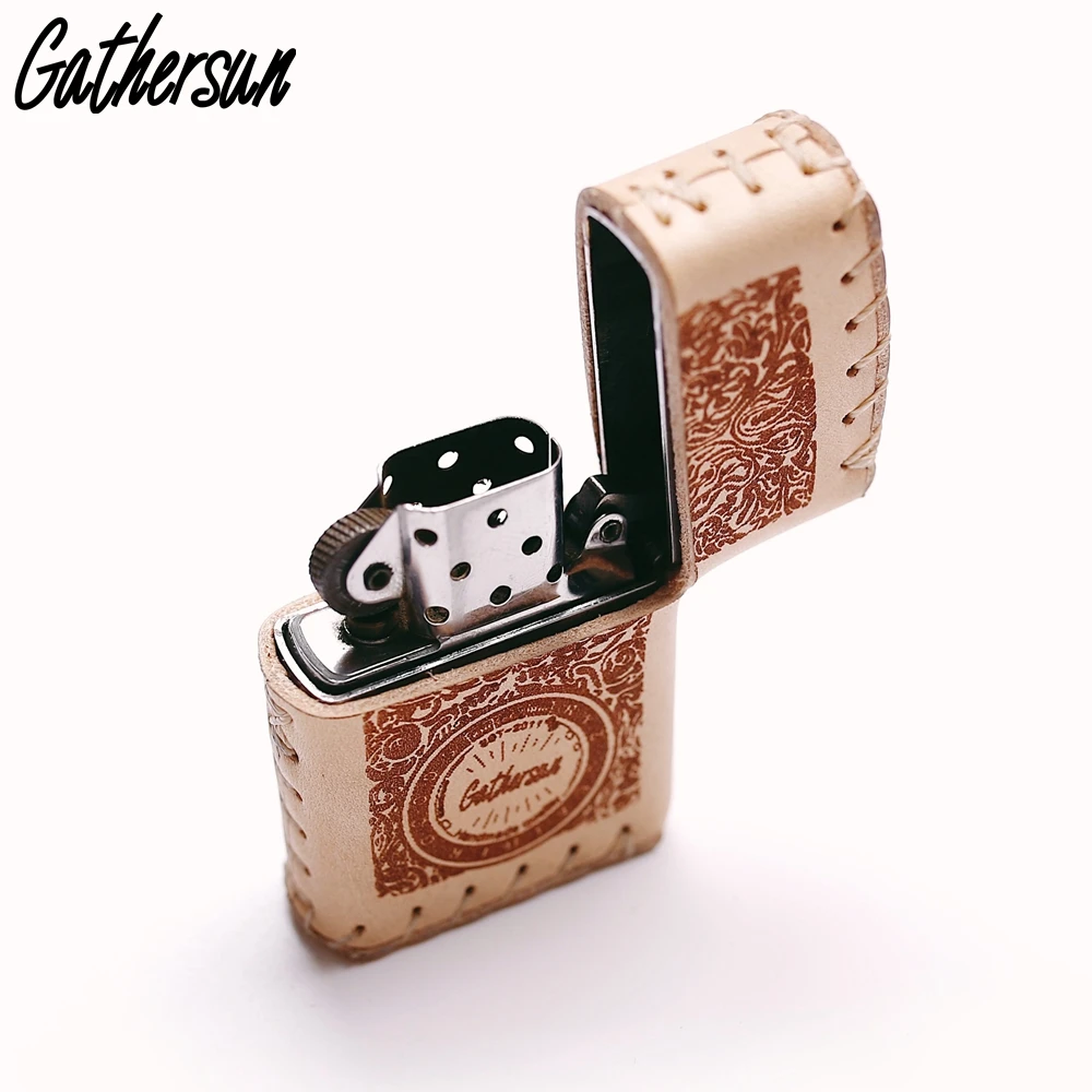 Handmade Vegetable Tanned Leather Case for Zippo Customized Laser Engraving Logo Genuine Leather Zippo Cover