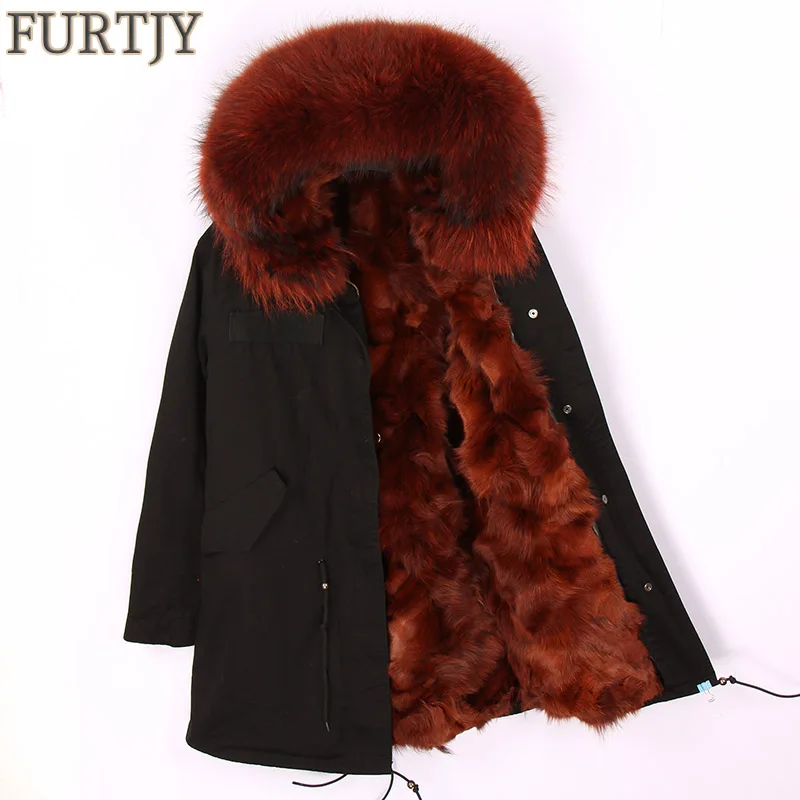 

FURTJY New Fashion Woman Luxurious Real Fox fur lining Military Parka MIDI Large Raccoon fur Hooded Coat Outwear Winter Jacket