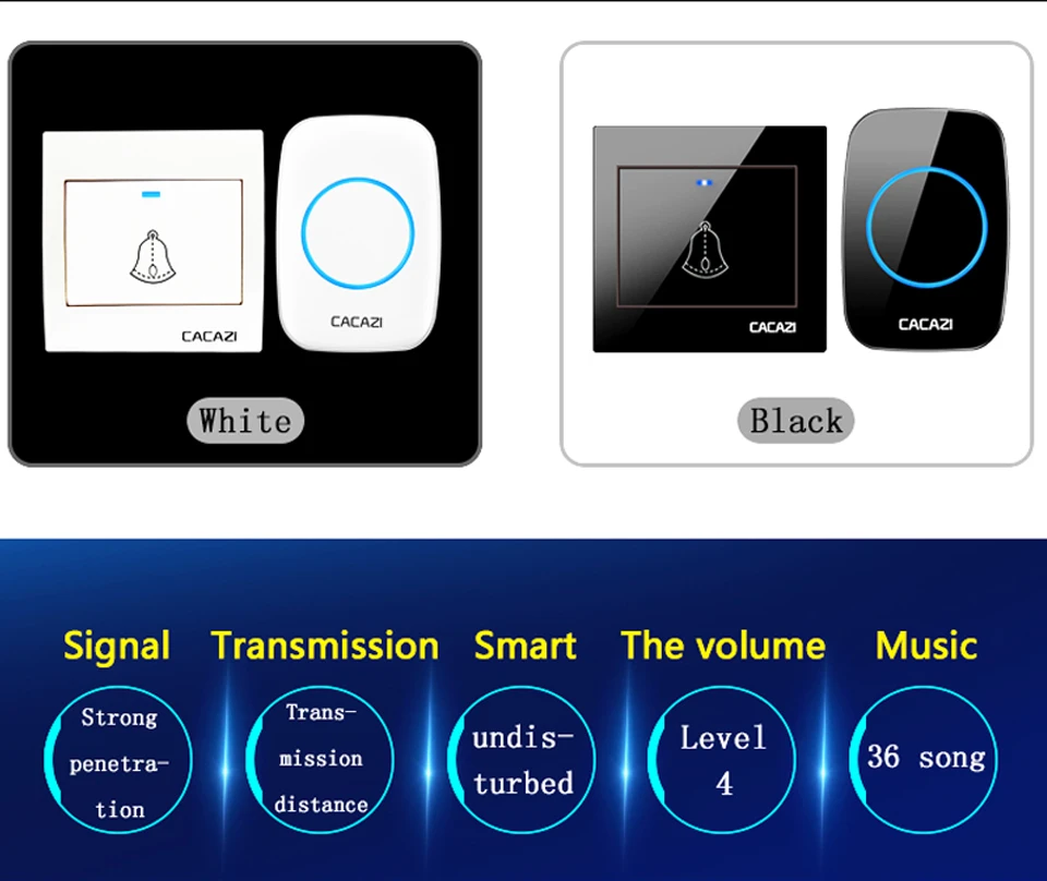 CACAZI Smart Беспроводной дверной звонок Водонепроницаемый передатчик ЕС Plug 300 м удаленного Главная вызова колокол светодиодный Батарея Кнопка 36 перезвон 4 объем