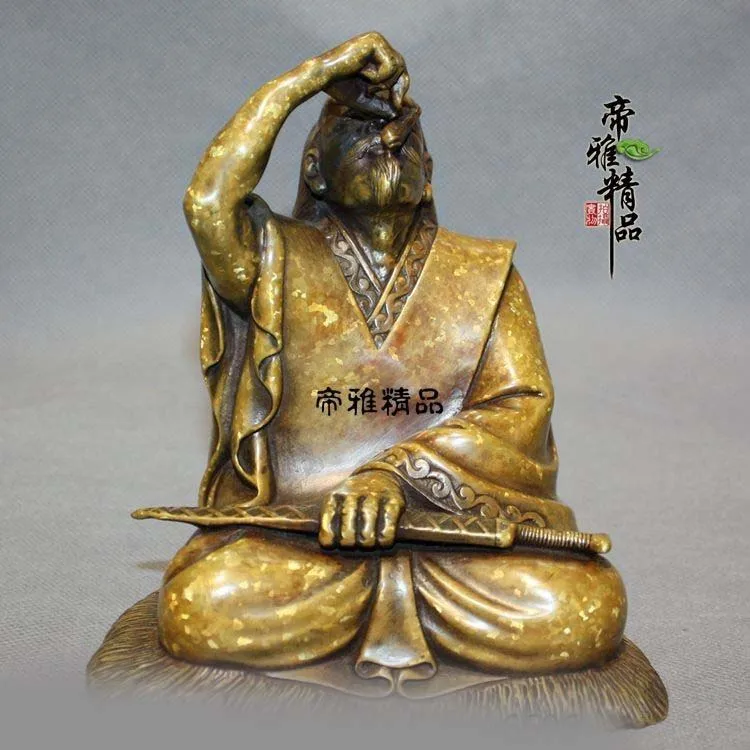 

China Dynasty Royal Pure Bronze Copper Gild Yue King Goujian Hold Sword Statue