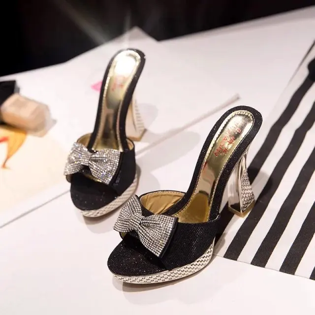 

Super high heel slippers female summer sexy word drag bow thick with waterproof platform thick women's sandals and slippers