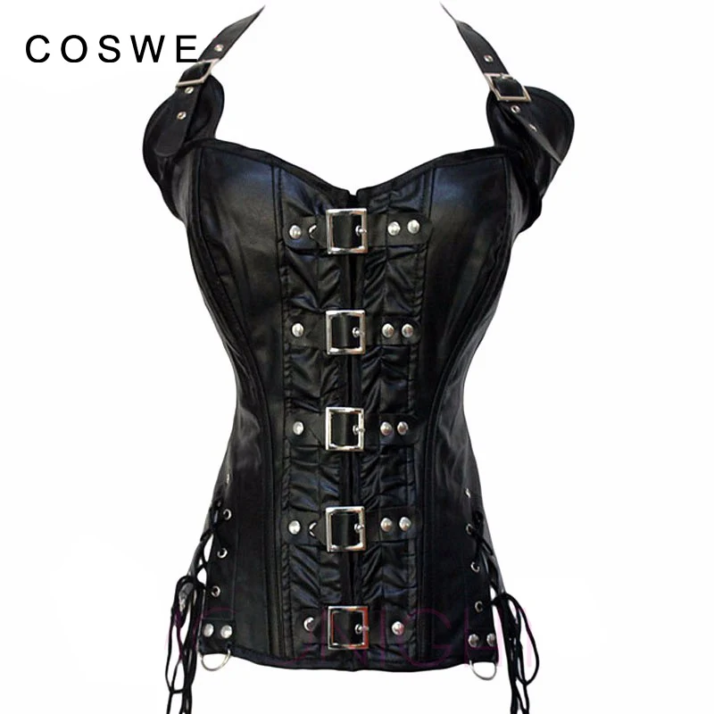COSWE Sexy Button Up Halter Waist Corset Chest Binder Steampunk
