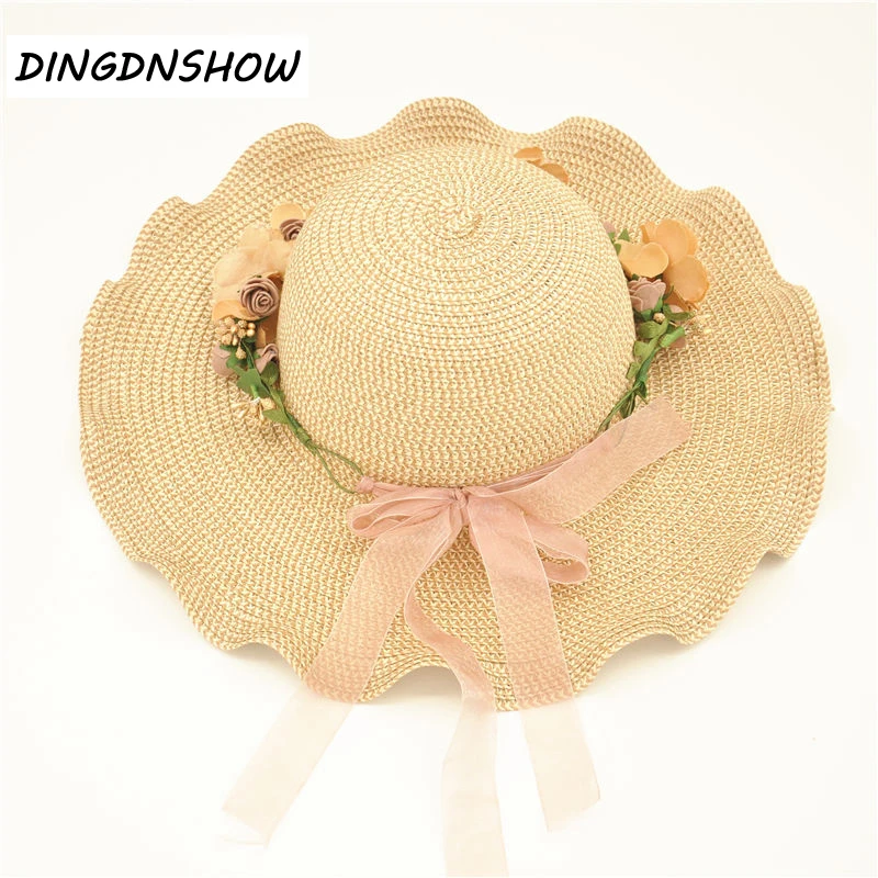 [DINGDNSHOW] 2019 الأزياء قبعة الشمس الكبار زهرة الصيف كاب النساء كبيرة واسعة قبعة لها حواف شاطئ كاب أنيقة القش قبعة