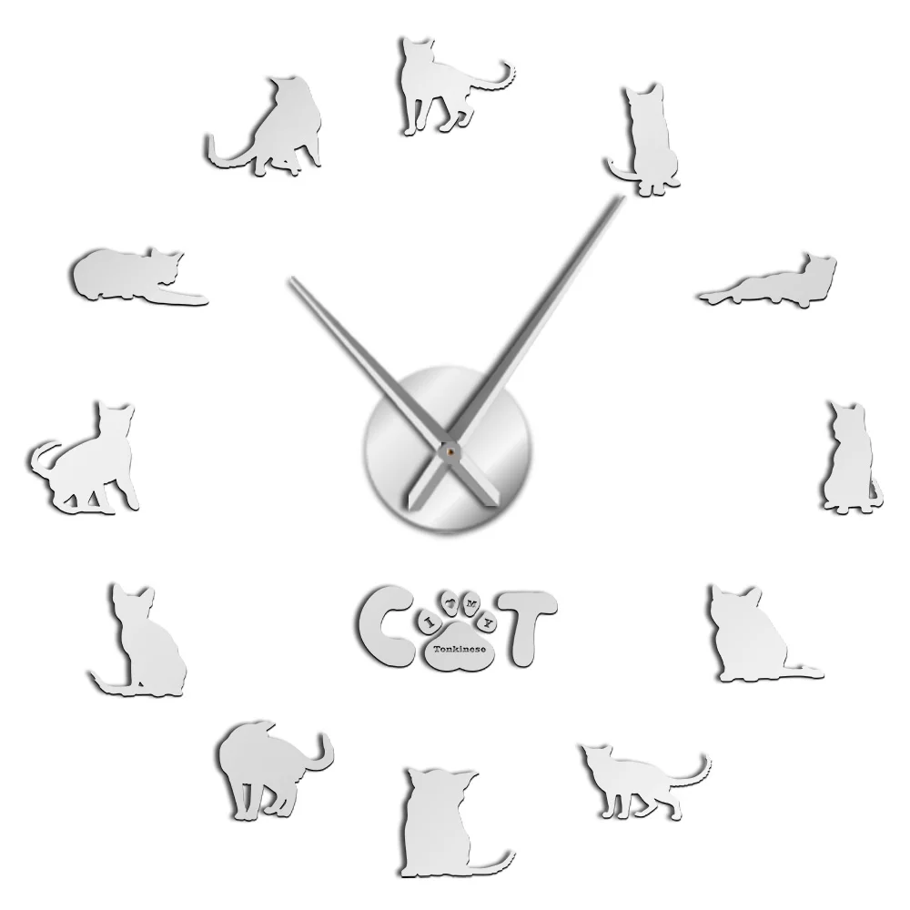 Talkative Cats Tonkinese Decorative Wall Clock Lively animal Oversized Quiet Sweep DIY Watch Wall Kitty Lover Gift - Цвет: Серебристый