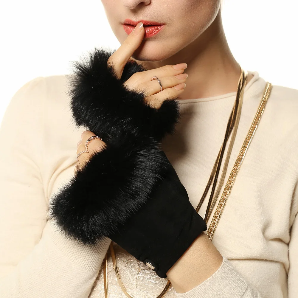

Fashion Rabbit Hair Winter Suede Pigskin Fingerless Gloves Wrist Solid Women Real Genuine Leather Female Driving Glove EL019NC