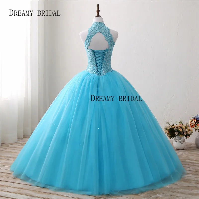 Bridal Quinceanera Dress Ball Gown Sweety Blue Halter Vestidos de 15 Anos Beaded Debutante Longo Kep Hole Back Princesa