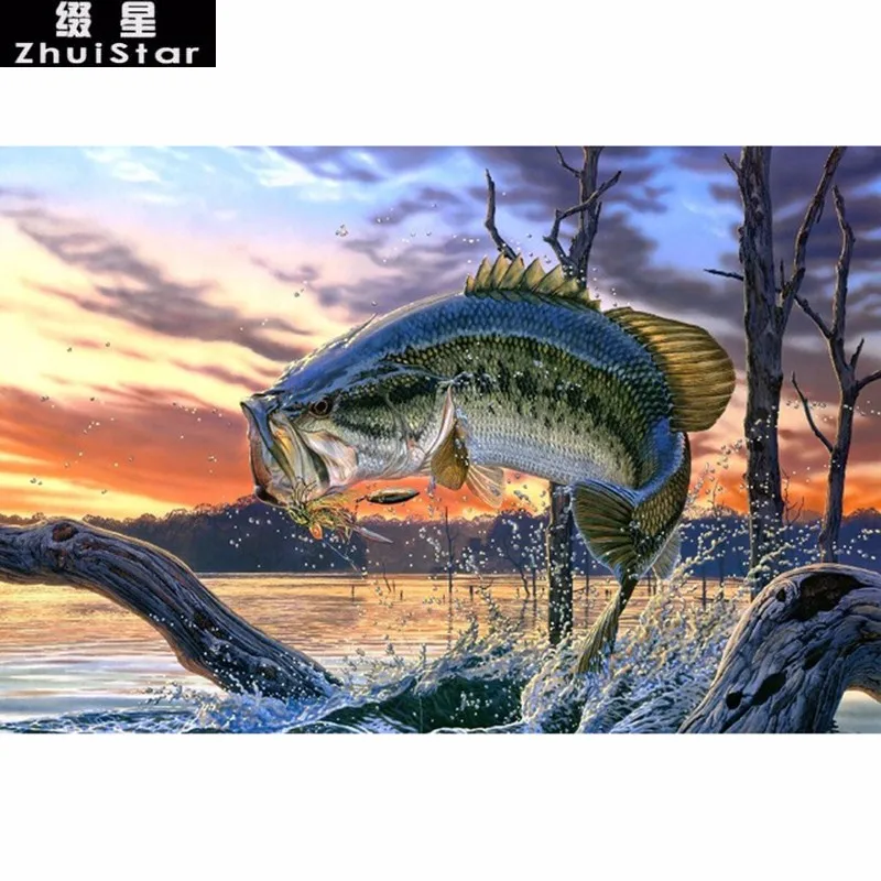 Bass-Fishing-Lake-Sunset-Painting-Poster-Art-Silk-Fabric-Home-Decoration-Print