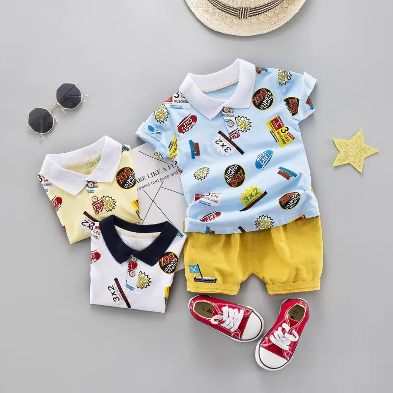 Roupas de Verão T-merda + Calças Criança Menino Meninos Algodão Turn-down Camiseta Crianças Conjunto Curtas 1 2 3 4 Anos 8 Cheap Conjuntos de roupas