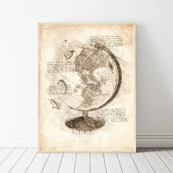 

Da Vinci Inspired Sketches World Globe Art Oil Painting Poster Prints Home Wall Decor Painting 60x90cm