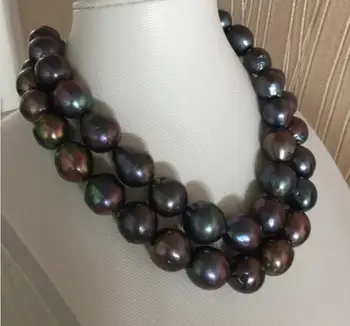 

huge13-15mm south sea baroque black green red pearl necklace 36inch 925s KKK
