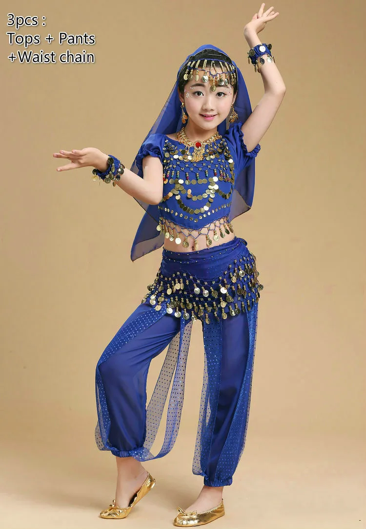 Детский костюм для танца живота для девочек, Детский костюм для выступлений, индийский танец живота, сексуальный Египетский танцевальный костюм, Одежда для танцев, 6 цветов - Цвет: 3pcs dark blue