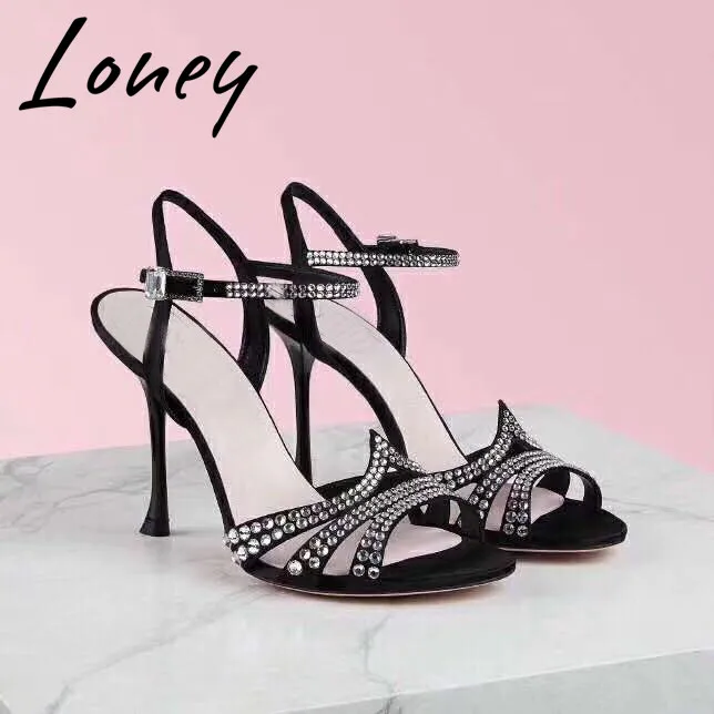 

Loney New Brand Designer Genuine Leather Crystal Beading Summer Sandals Open Toe Buckle Strap HIgh Heel Sandals Shoes Women