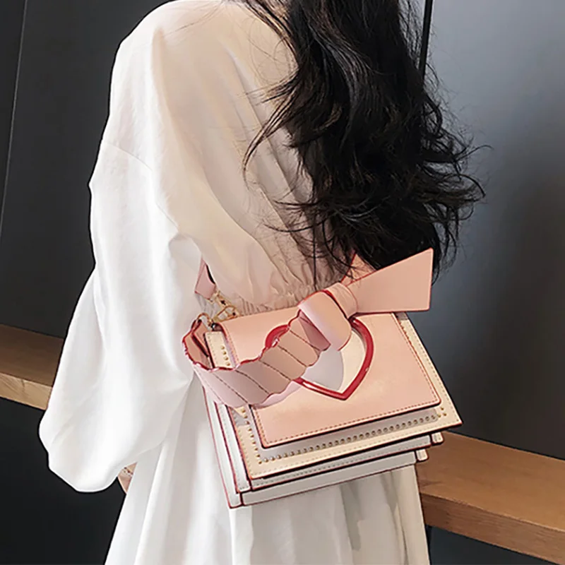 

ETAILL Sweet Pink Red Heart Bow Shoulder Bag with Wide Strap Elegant Fashion Pu Leather Women's Casual Crossbody Messenger Bag