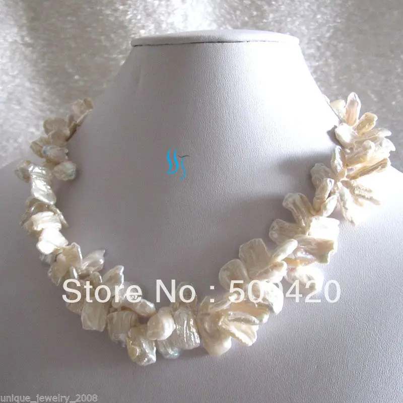 

~~ Free Shipping18" 9-15mm White 2Row Keshi Freshwater Pearl Necklace
