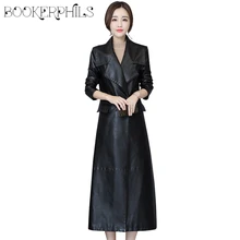 Модная X-Long кожаная куртка женская черная плюс размер 5XL большой отложной воротник тонкий мягкий из искусственной кожи Тренч пальто женское пальто