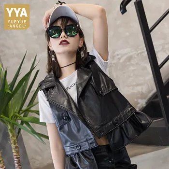 

New Fashion Women Sheepskin Genuine Leather Sleeveless Vest Jacket Punk Ruffles Waistcoat Outwear Coat Female Bikers Top Vests