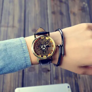 

Fashion Business Skeleton Watch Men Engraving Hollow Reloj Hombre Dress Quartz Wristwatch Leather Band Women Clock Relojes Mujer