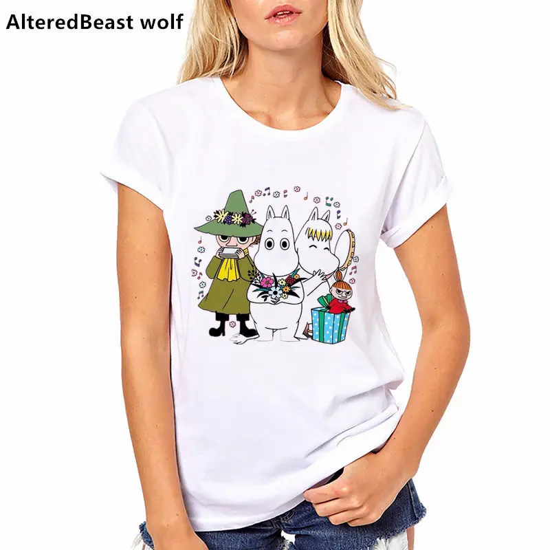 

90s Girls New Fashion Moomins White Lovely Cartoon printed T-shirt Casual Style Streetwear moomins Print Harajuku Tops Tees