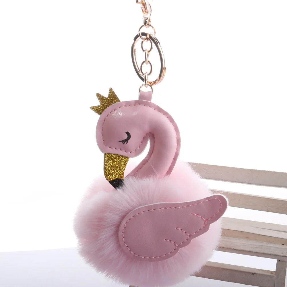 

QiYuFang Cute Pink flamingo Pompom Keychain Swan Key Chain Fake Rabbit Fur Ball Women Car Bag Pompon Key Ring Pom Pom Holder Toy