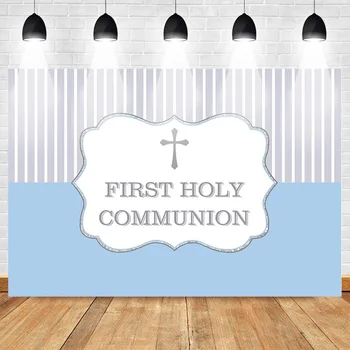 

Mehofoto First Holy Communion Theme Party Photography Backdrops Cross Blue White and Gray Stripes Background for Photo Studio