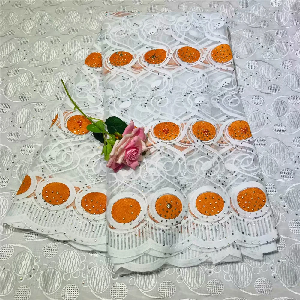 

Latest 2019 Nigerian French Mech Lace Fabric Embroidered High Quality African Lace Fabric Orange Cord Lace Fabric For Party
