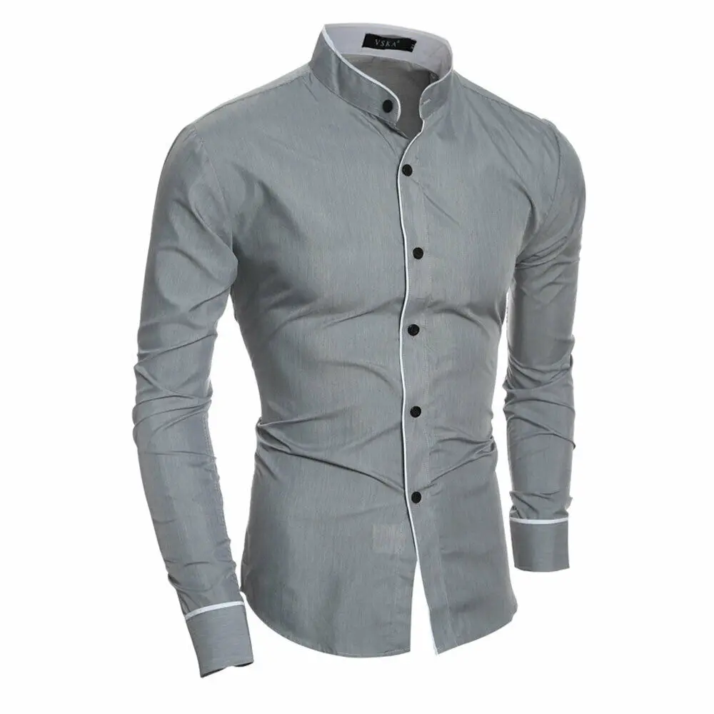 Американские мужские Роскошные Рубашки с воротником-стойкой, деловые официальные топы, индивидуальная отделка, приталенная посадка - Цвет: Серый