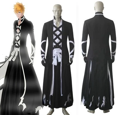 Anime Bleach Kurosaki Ichigo Bankai Cosplay Costume Black White Cloak Pants Belt