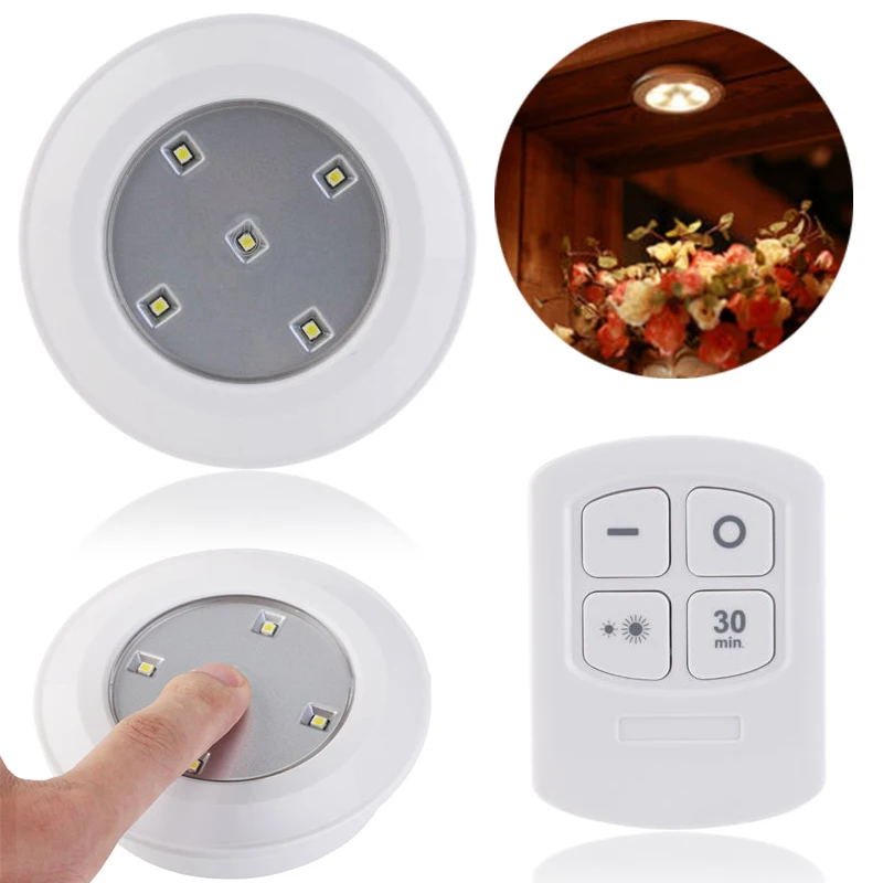 White Wireless 5 LEDs Remote Control Wall Lamp Puck Light Room Cabinets