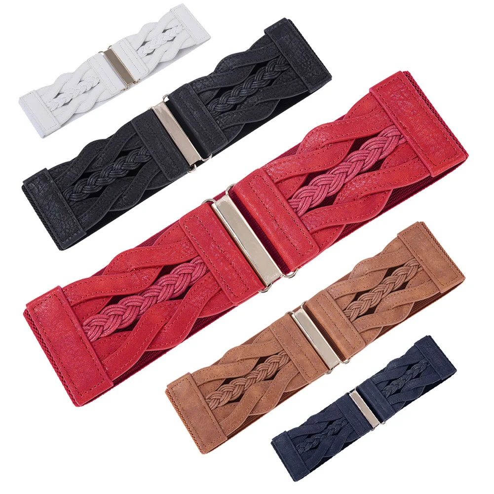 Wide Belts for Women Ladies 2018 Fashion Designer Braided Polyurethane Leather Elastic Waist Belt Waistband Womens Brown Belt