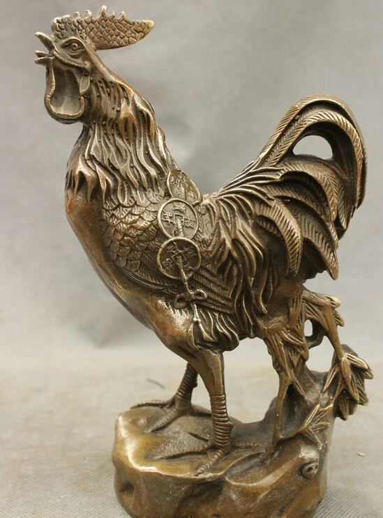 

JP S0610 8" Folk Chinese Bronze Copper Year Zodiac Coin Cock Rooster Up Head Statue Set