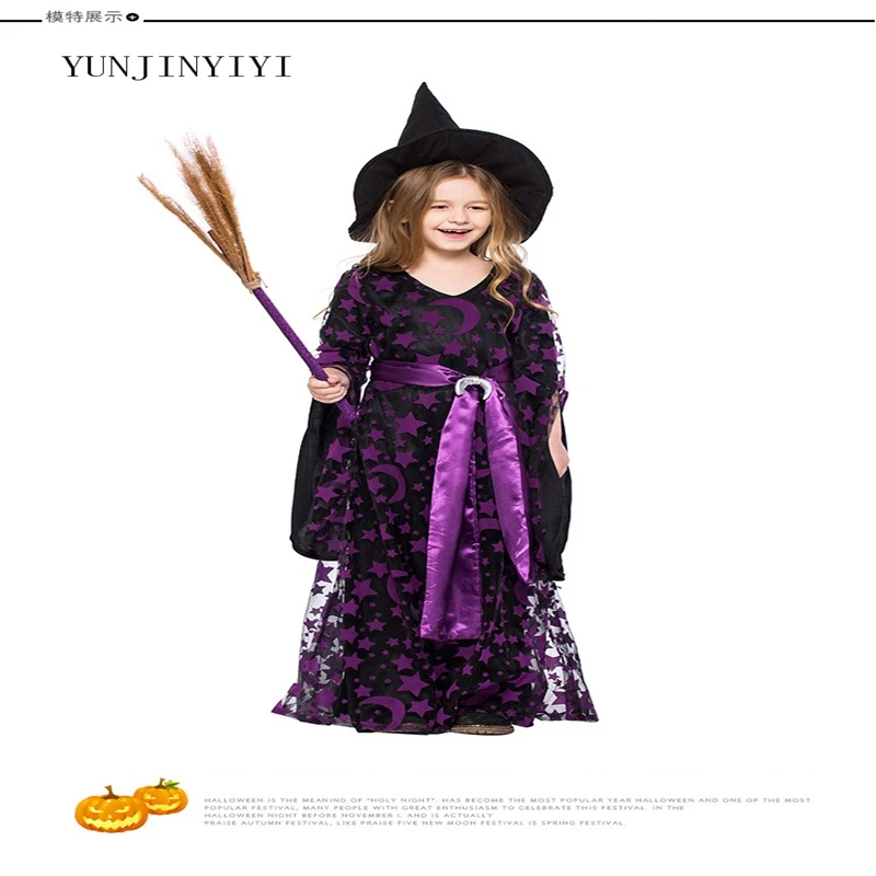 

2018 new Halloween children purple star month print witch wizard veil cosplay witch game stage dress costume
