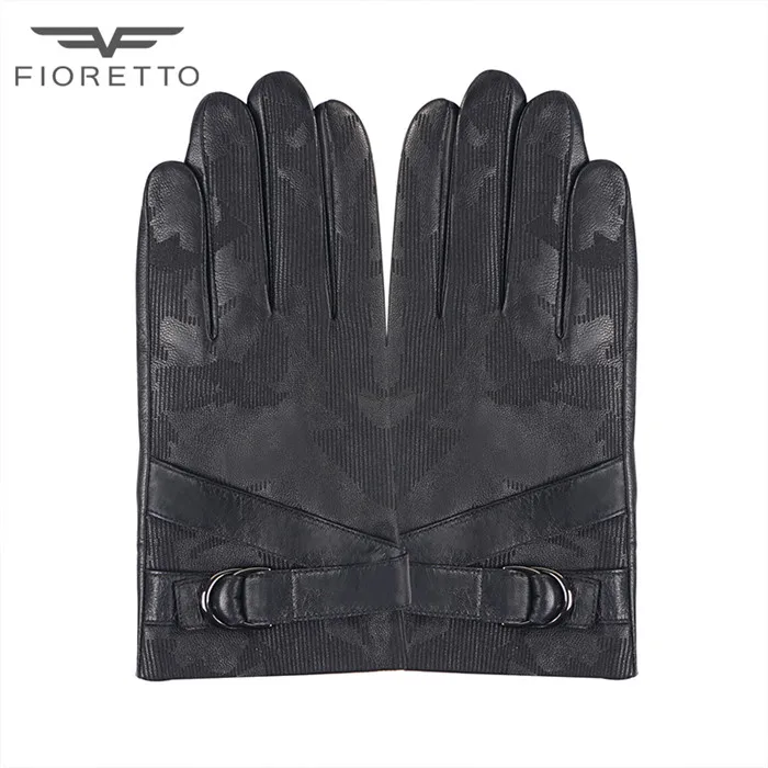 Мужские кожаные перчатки FIORETTO с сенсорным экраном, камуфляжные перчатки из козьей кожи, мягкие флисовые теплые зимние перчатки с пряжкой для вождения - Цвет: Black