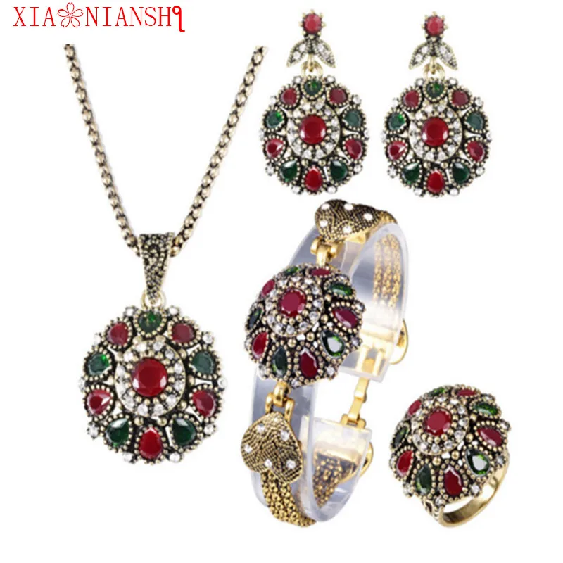 

XIAONIANSHI 4 Pcs/Set Vintage Women Flower Antique Gold Color Turkish Resin Jewelry Necklace Arabia Bridal Wedding Jewelry 2017