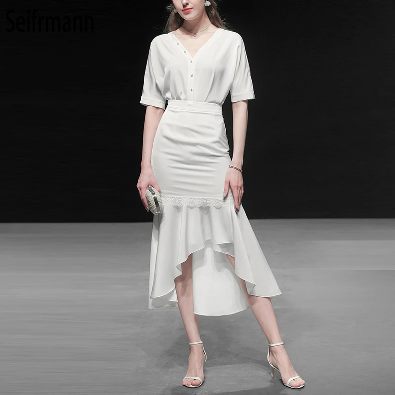 Seifrmann Vrouwen Zomer Vintage Suits Runway Fashion Sexy V-hals Tops anb Elegante Kant Ruches Mermaid Party Rok 2 Stuks Set Seifrmann Vrouwen Zomer Vintage Suits Runway Fashion Sexy V-hals Tops anb Elegante Kant Ruches Mermaid Party Rok 2 Stuks Set