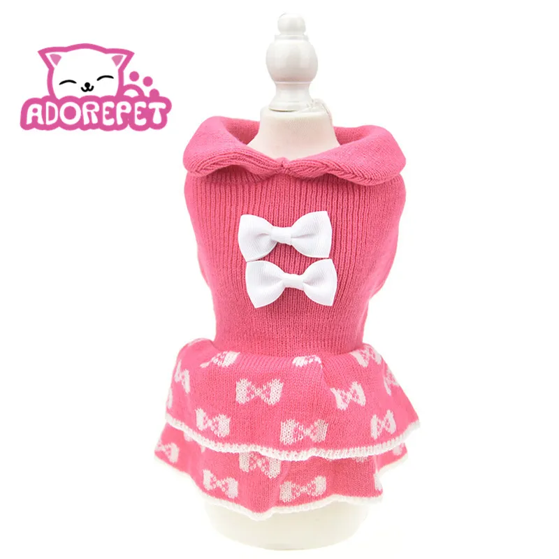 

Pink Small Dog Sweaters Dress Winter Warm Dog Bow Dress Tutu Skirt Knitted Clothes For Dog Female Girl Dachshund Bulldog Corgi