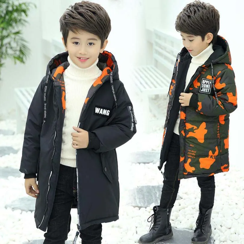 black Baby boys costume 3-13T children winter cotton hooded boys warm jacket kids camouflage coat teenage long Double-sided wear coat - Color: black