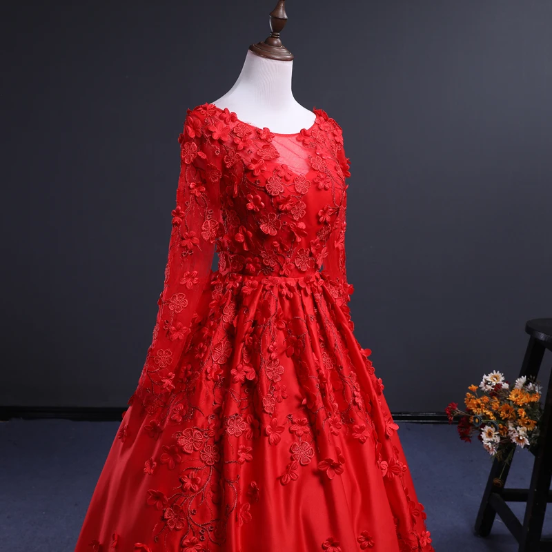 Красное свадебное платье с аппликацией, Новое поступление года, милое Пышное Бальное платье принцессы с длинными рукавами на весну и лето