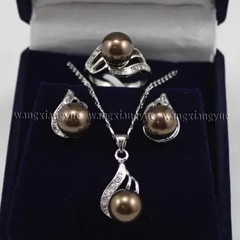 

Fashion Jewelry Chocolate Shell Pearl Earrings Ring & Pendant Necklace Set