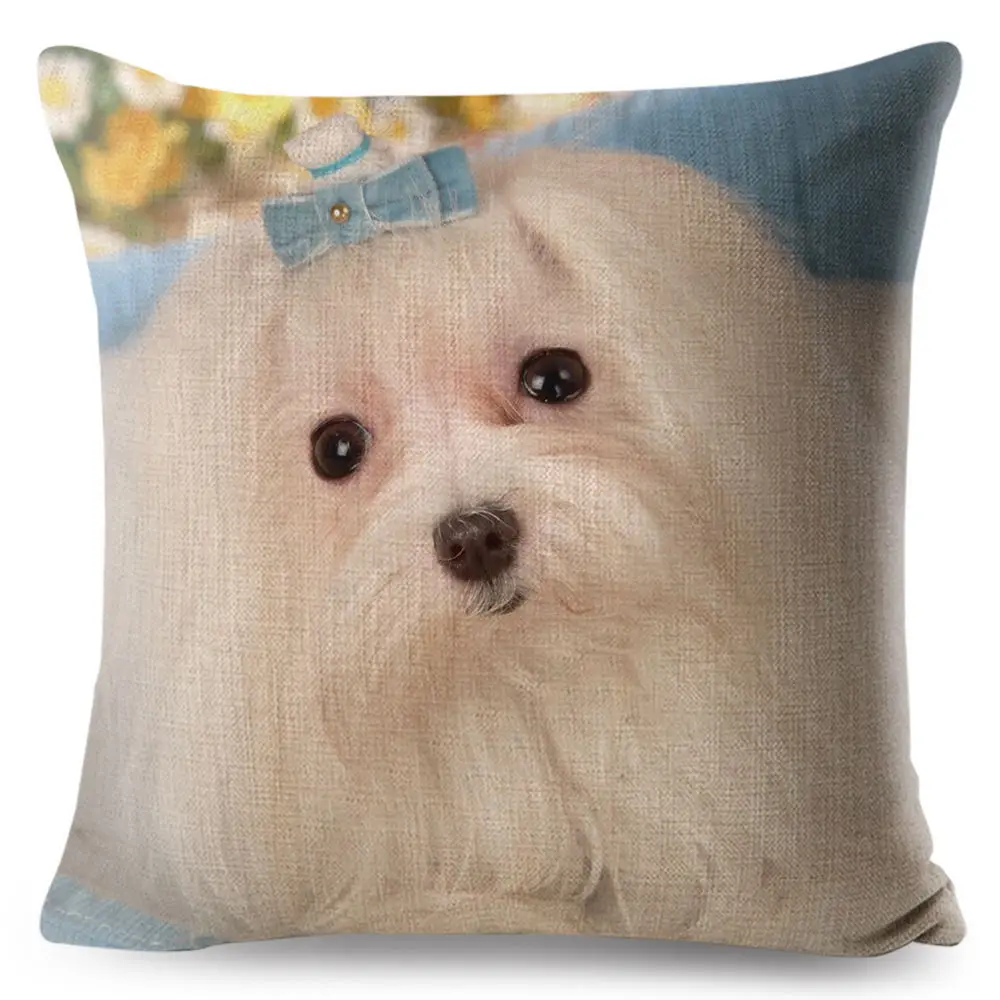 Cute Animal Pet Maltese Dog Pillow Cover Linen Cushion Covers 45*45cm Square Pillow Case Sofa Car Home Decoration Pillowcase