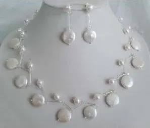 

Beautiful freshwater coin pearl necklace earring R0119002 Wonderful Nobility Fine Wedding Jewelry Lucky Women's