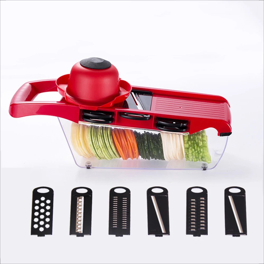 

Slicer Vegetable Cutter Grater Chopper Julienne Slicer 6 Interchangeable Blades with Peeler Hand Protector