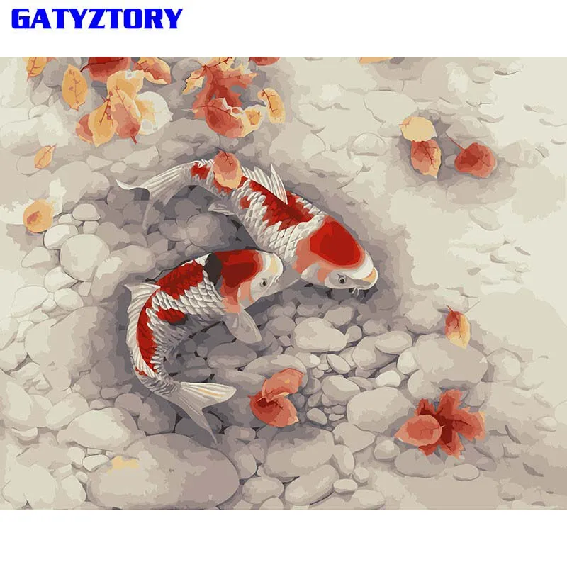 GATYZTORY, Безрамная Золотая рыбка, сделай сам, краска по номерам, Акриловая Краска на холсте, каллиграфия, краска, уникальный подарок для домашнего декора, искусство