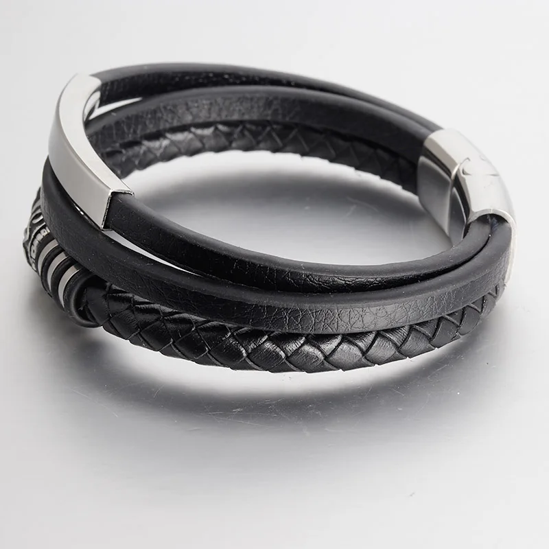 Punk Brown Genuine Leather Bracelet Braided Rope Chain Stainless Steel Wristband Magnetic Clasp Men Jewelry Vintage Gift