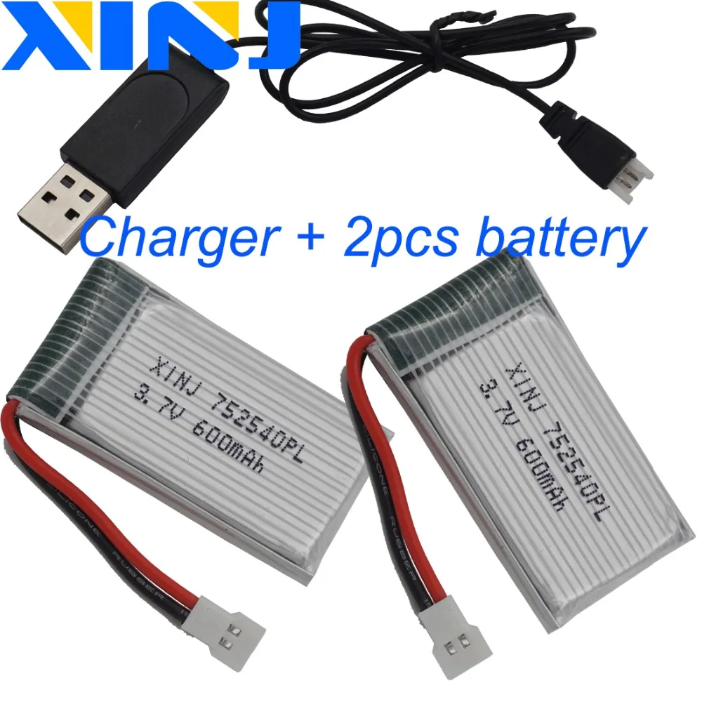 XINJ 2pcs + зарядное устройство 3,7 V 600mAh 25C Литий-полимерный литий-ионный аккумулятор 752540 для Syma X5C X5SC RC Квадрокоптер Дрон