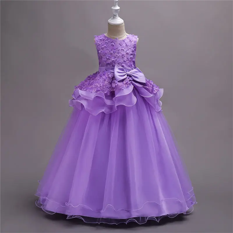 Otisbaby детское платье в строгом стиле для Обувь для девочек цветок принцесса год Платья для женщин большие дети девочка крещение Лук рюшами длинное платье для детей от 5 до 16 лет - Цвет: Purple
